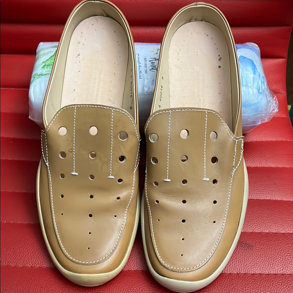 Prada Tan Loafers with Perforated Design